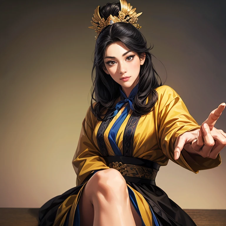 ((  from head to toe)), Three cocks period paintings  , Female solo ,  Beautiful young woman ,  meme,  perfect hands  , (  black hair ), Obscene language ,  set her eyes straight  ,   Excited face , Varied forms of facial expression,  Fully varied positions ,   stance,  Sitting position , amazing background ,  Blurred image 