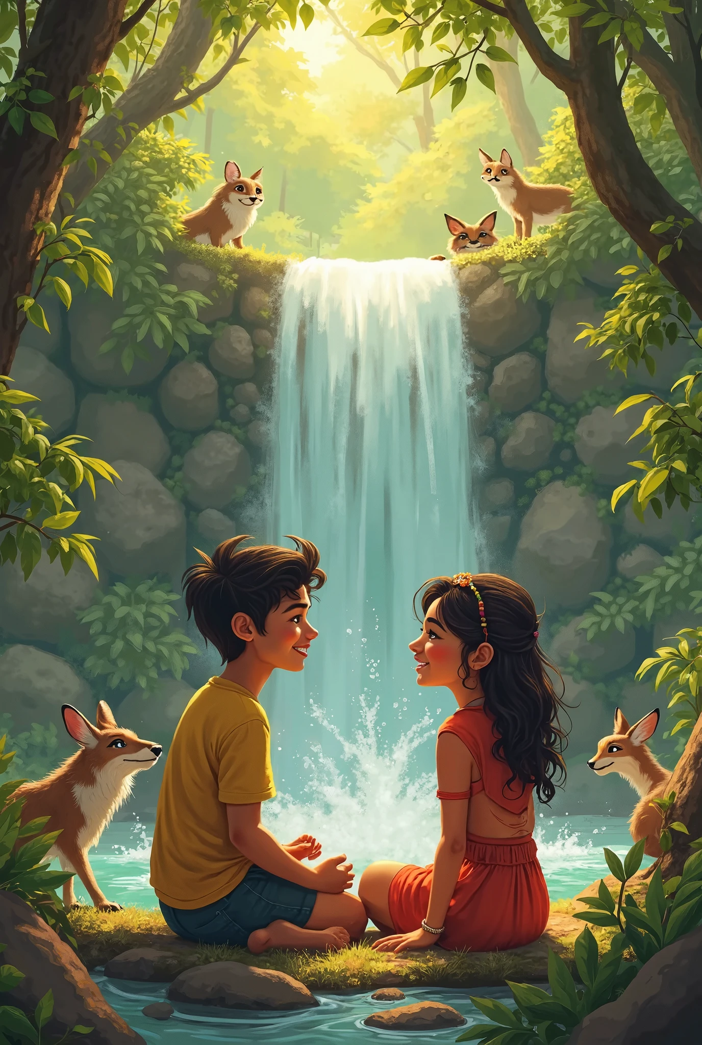 आरव और अन्वी एक छोटे झरने के पास बैठे हैं, हँसते हुए, कहानियाँ साझा करते हुए। पेड़ों के पीछे से जानवर झाँक रहे हैं। जंगल शांत और जीवंत लगता है। एक जादुई, गर्म वातावरण।