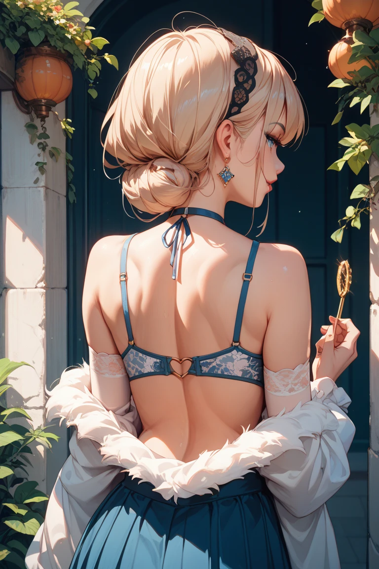 official art, unity 8k wallpaper, ultra detailed, beautiful and aesthetic, beautiful, masterpiece, best quality, a girl has beautiful face, looking at viewer, short blonde hair, back, back, hip , dress