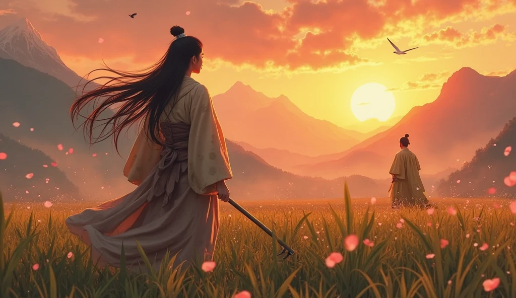A hyper-realistic digital painting in traditional Japanese style. A dramatic sunset over rice fields, with mist-covered mountains in the background. In the foreground stands a humble peasant woman wearing a faded kimono, her long dark hair flowing in the wind. She holds a hoe in one hand and gazes firmly into the horizon with a look of quiet determination. Behind her, in soft shadows, the silhouette of an emperor in golden robes watches her from a distance, recognizing her strength. Cherry blossom petals float through the air, and a white crane flies gracefully above. The scene combines realism with a painterly digital touch, rich in atmosphere and emotion, blending ancient Japan with cinematic storytelling.