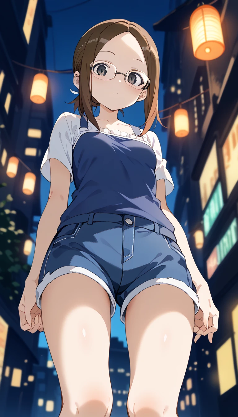 miyoshi kaya, light brown hair, high ponytail,orange eyes, parted bangs, forehead,
 1girl,solo,looking at viewer, ,evil smile,,,(spoken heart),,outdoor,flat chest,miniskirt,camisole,,socks,shoes,squatting,open legs,spread 