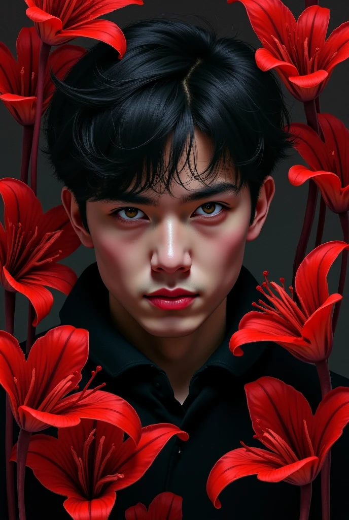 A realistic portrait of a mysterious young man with sharp hazel eyes,dark background with red spider lilly floral pattern, fantasy 