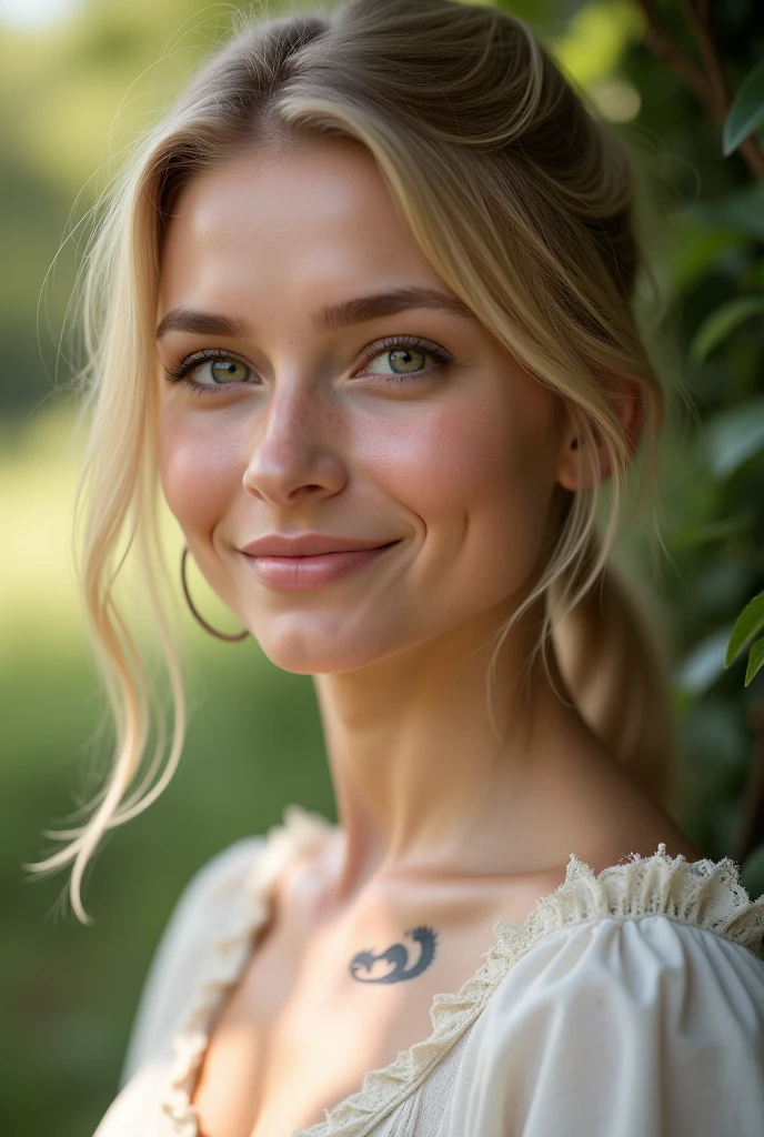 portrait of a beautiful modest Ukrainian girl, soft face, light freckles, green eyes, warm smile, natural blonde hair, wearing a light shirt, soft lighting, photorealistic skin, cinematic bokeh, 8k realistic photography with a small dragon tattoo on her collarbone