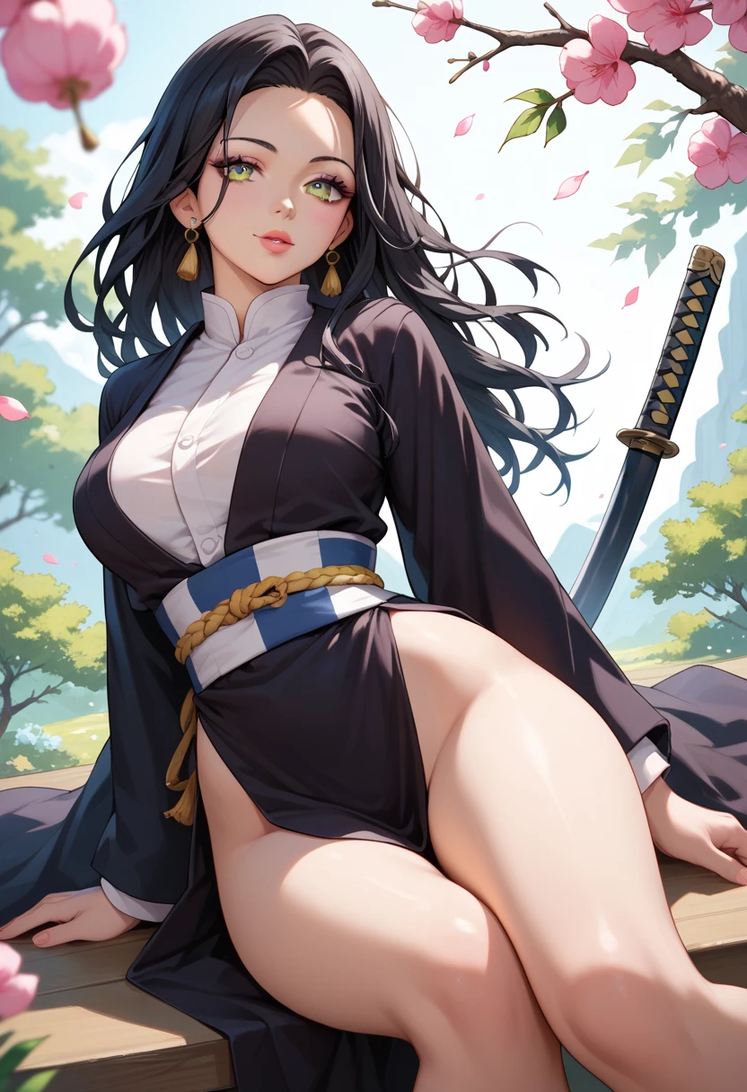 score_9, score_8_up, score_7_up, score_6_up, uncensored, BREAK,
yukinoshita yukino,
1girl, mature female, solo,
looking at viewer, naughty face, half-closed eyes, head tilt, parted lips, bimbo,
black hair, long hair, thick lips, grey eyes,
, thigh boots, shiny, small breasts, belly,
long sleeves, sitting, thighs, outdoors, japanese clothes, sky, barefoot, day, wide sleeves, kimono, water, flower, spotlight, tree, legs, sash, bare legs, obi, spread legs, black lingerie, nature, black kimono, short kimono, reflective, (fog:1.3), fireflies,