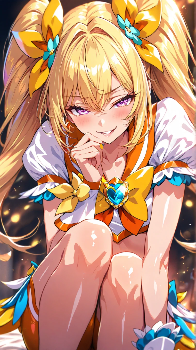 1baby loli anime girl, nekomimi, portrait, loli anime girl with short yellow hair wearing maid outfit, yellow hair, (green emelard eyes), close up face, detailed eyes, detailed hair, emotional lovely happy expression, crystal glowing eyes, cinematic lighting, extremely detailed body, face, clothes, (best quality,4k,8k,highres,masterpiece:1.2),ultra HD, masterpiece, very very anime style, bokeh, starry shining lighting, original characters, low angle, 