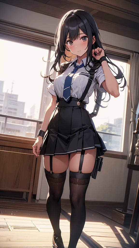 {best quality}, {very aesthetic}, {ultra-detailed}, {best illustration}, masterpiece,(masterpiece:1.2, Highest quality), (Realistic, photoRealistic:1.4), Beautiful illustrations, (Natural Side Lighting, Cinema Lighting), Looking at the audience, Upper Body, (Front view), 1 Girl, Perfect Face, Cute symmetrical face, (((skirt lift:1.5))),((show off polka dots panties)),garter belt:1.3,Shiny skin, Baby Face, Long eyelashes, (Large Breasts), (Wide Hips),Beautiful Hair, Beautiful Face, Beautiful and beautiful eyes, Beautiful body, Beautiful breasts, Beautiful thighs, Beautiful legs, Beautiful fingers,(Beautiful views),(Cute Smile:1.2, Superior),Knee socks,Layered skirt,(Concealing the truth with a belt:1.5),(Sexy Bondage Cosplay:1.5),