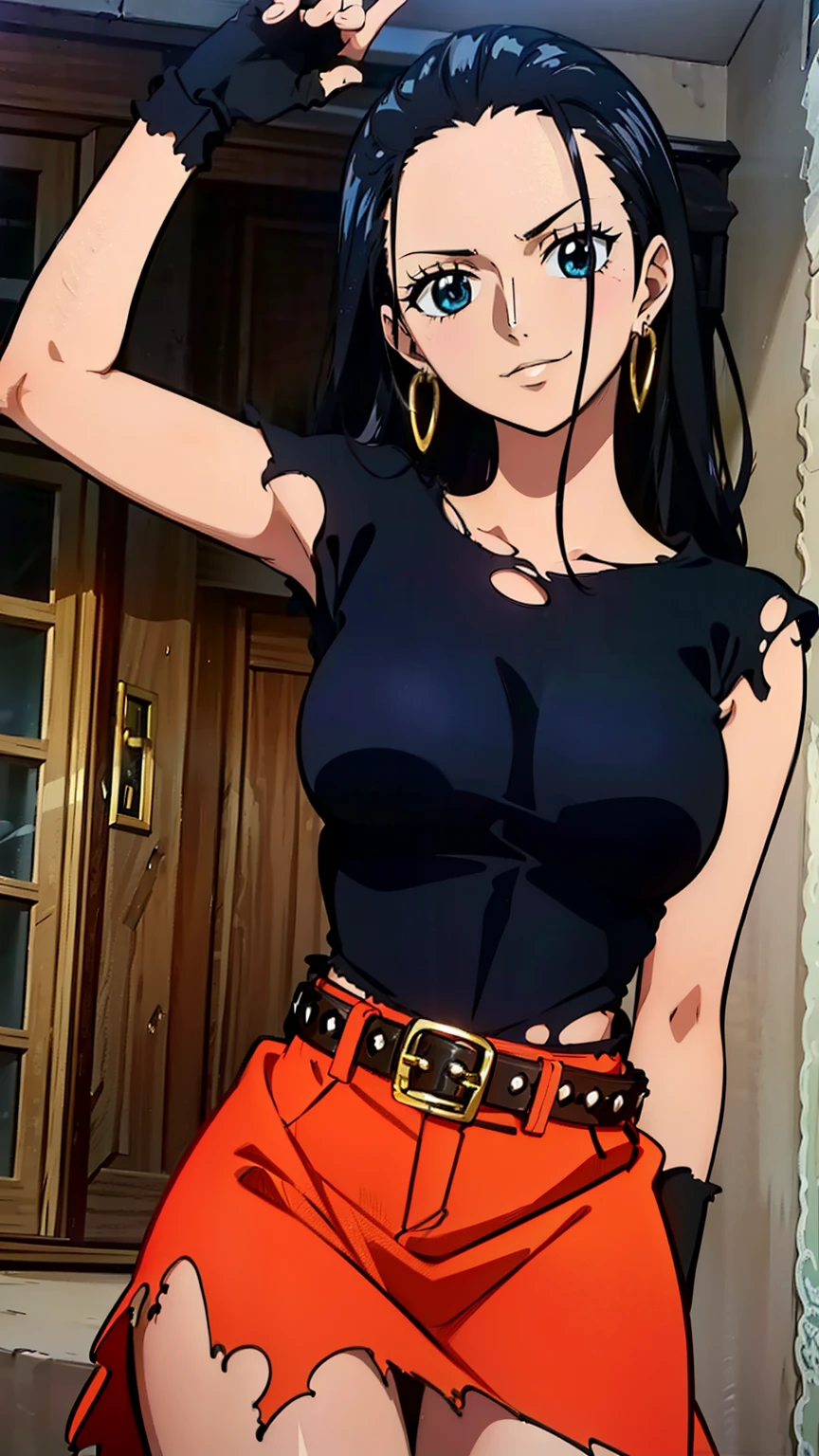 (masterpiece, top quality, high resolution, 8k:1.2), anime coloring, details, From 1 piece, One Piece Style, Nico Robin, mature woman, 30 years old, women with long black hair, large medium breasts, calm and calm , Laughing with a happy expression, soft impression, beautiful face, perfect hand, (Dynamic Sexy Poses), (Street Rock Fashion, (black clothes:1.3), torn skirt, fingerless gloves, belt, earrings, 濃い化粧, Street corner ), (Cowboy Shots:1.2), (Dutch angle), looking at the camera, The camera's gaze focuses on the center of the image,
