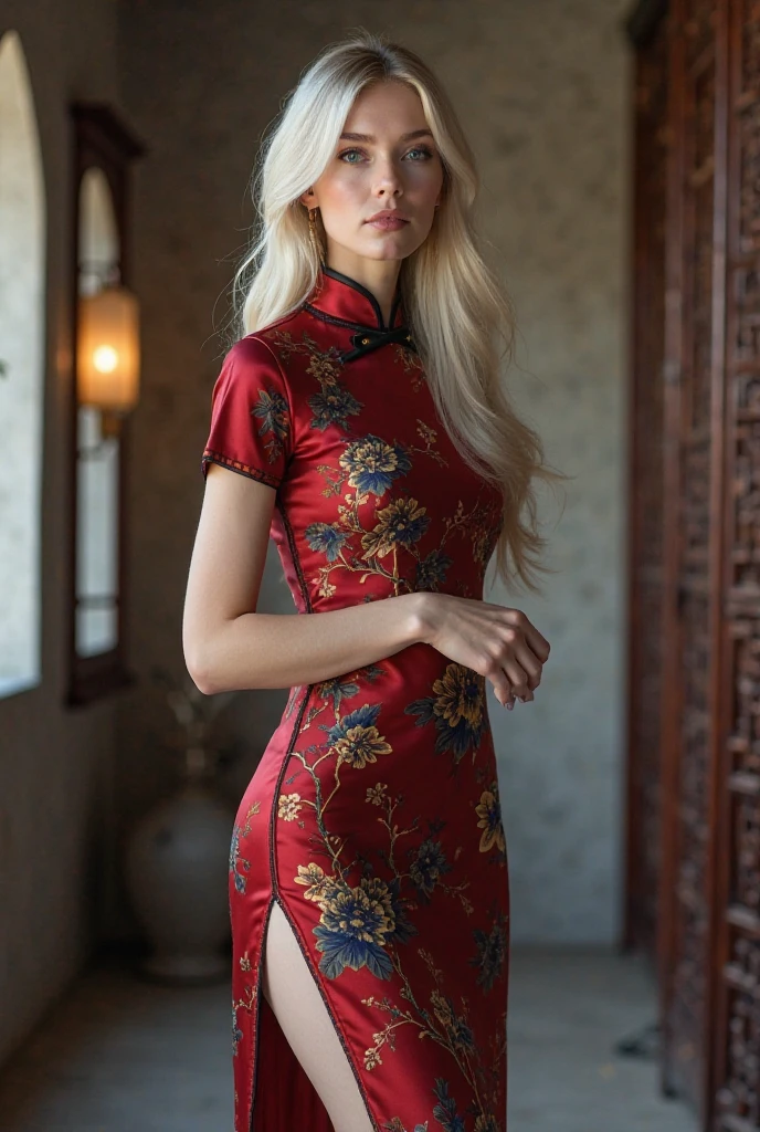 UHD, (bottom selfie view:1.1) 1 gorgeous European blonde woman、full body, she’s a model, sexy pose, subtle smile,flirting with camera, (holding the camera:1.2),,(beauty face:1.2),perfect face, perfect eyes, perfects hands, perfect breast, perfect hair, (wearing a Chinese dress:1.4), she's standing upright In a street of Chinatown , kodak gold 200