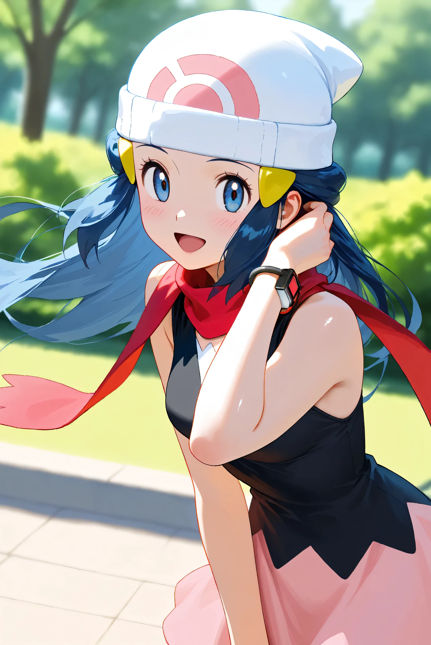 (Masterpiece), (Highest quality), (Very detailed),
(The best shape), (Best Shadow), (Absurd),
(Detailed background), (So beautiful), Shiny ,
Beautiful eyes in every detail, Extraordinary, Countershading, 8k, 32K, High resolution,
Very Detailed CG, UHD,
Score_9, Score_8_up, Score_7_up, Source_anime,
(Pastel painting:1.2), (Watercolor painting:1.2),
(Masterpiece, Detailed:1.2), (Foreshortening:1.2),
Cinematic, Dramatic, (Depth of field:1.4),
(Blurry background:1.4), (Realistic background:1.4),
(Foreshortening:1.3),Dynamic angle, 1 girl,
Outdoor, Nature, Park, (Wind:1.2),
Hikari, Pokémon, Anime style,
aadawn, long hair, blue hair, beanie, white headwear, hair ornament, blue eyes, breasts, red scarf, sleeveless shirt, black shirt,
Portrait, Focus on face, (Close up shot:1.2),
(Blush:1.3), smile, happy, open mouth, Leaning forward,
Tucking hair behind ears, Looking at viewer,
Shiny skin,