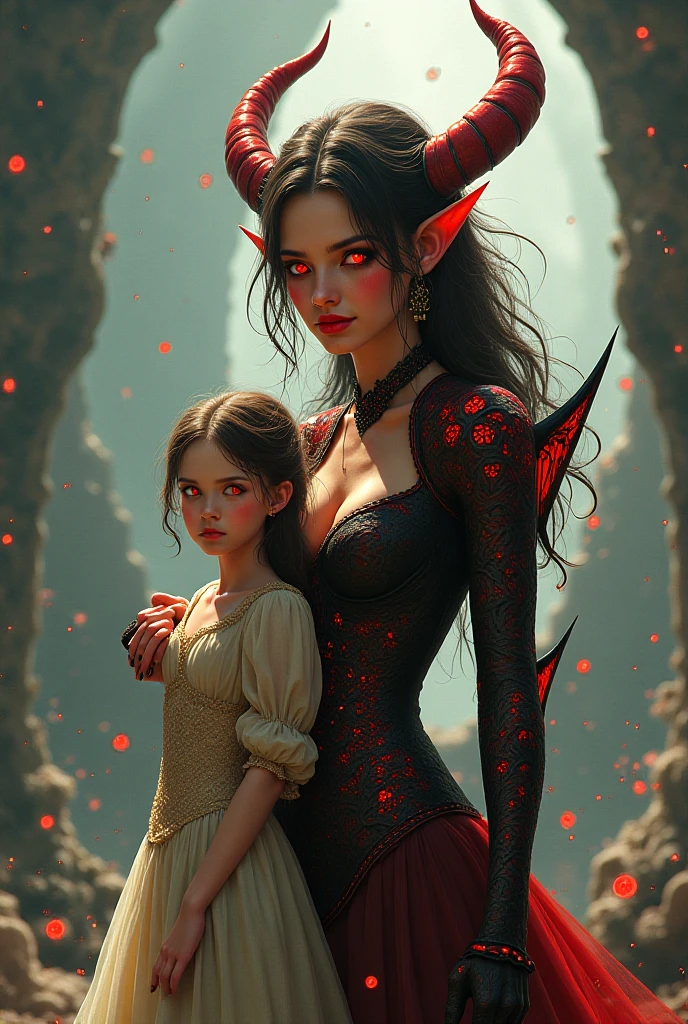 Devils beautiful woman with the girl, wearing devils dress, background devils