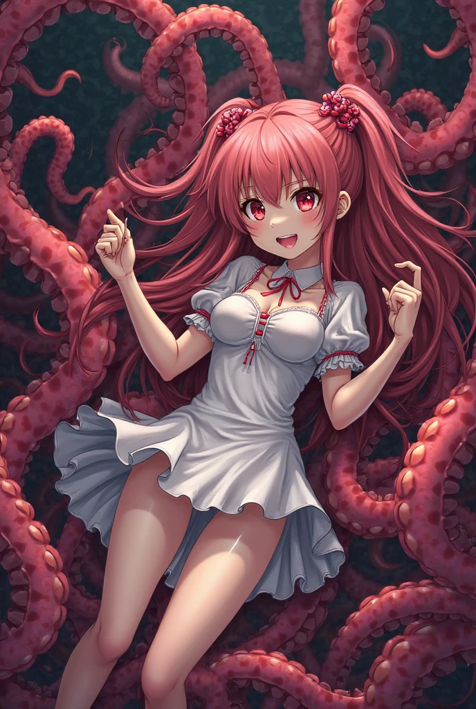 One girl, Cat girl, big tearful chest, The body is slim, front leg pose, Screams of pleasure, the silhouette of a tentacle visible through the air, Kinako with tentacles wrapped around her hand, Don't refuse
