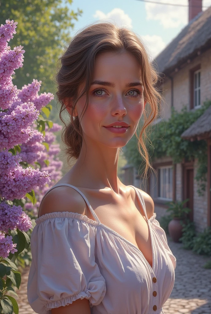 Beautiful woman in her 40s 
In the village with lilacs in the background 