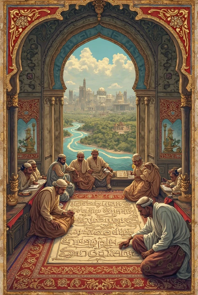 बहुत ही खूबसूरत ऐतिहासिक झलक! इस विचार को चित्र में बदलने के लिए ये एक शानदार इमेज प्रॉम्प्ट हो सकता है:

Image Prompt (English for precision):
"A beautifully illustrated medieval manuscript scene showing ancient Arabic and Persian scholars writing about the land of 'Hindustan.' The setting is an ornate study chamber with domed architecture, Persian carpets, oil lamps, and scrolls spread across wooden desks. The scholars are shown writing in Arabic and Persian calligraphy, with the word 'Hindustan' elegantly inscribed on a large scroll or map. In the background, faint illustrations of India's landscapes, temples, rivers, and people can be seen, representing the rich and diverse culture they described. The art style is inspired by Persian miniature painting, with fine detailing, rich colors, and golden accents."

अगर आप चाहें तो मैं इसे इमेज में बदल दूँ — कहिए, शुरू करें?
