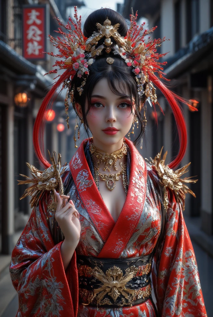 ,female,smile,Red Light District,red kimono,Gold hairpin ,Beautiful Obi , have ??????????? ,tall,hold out hand