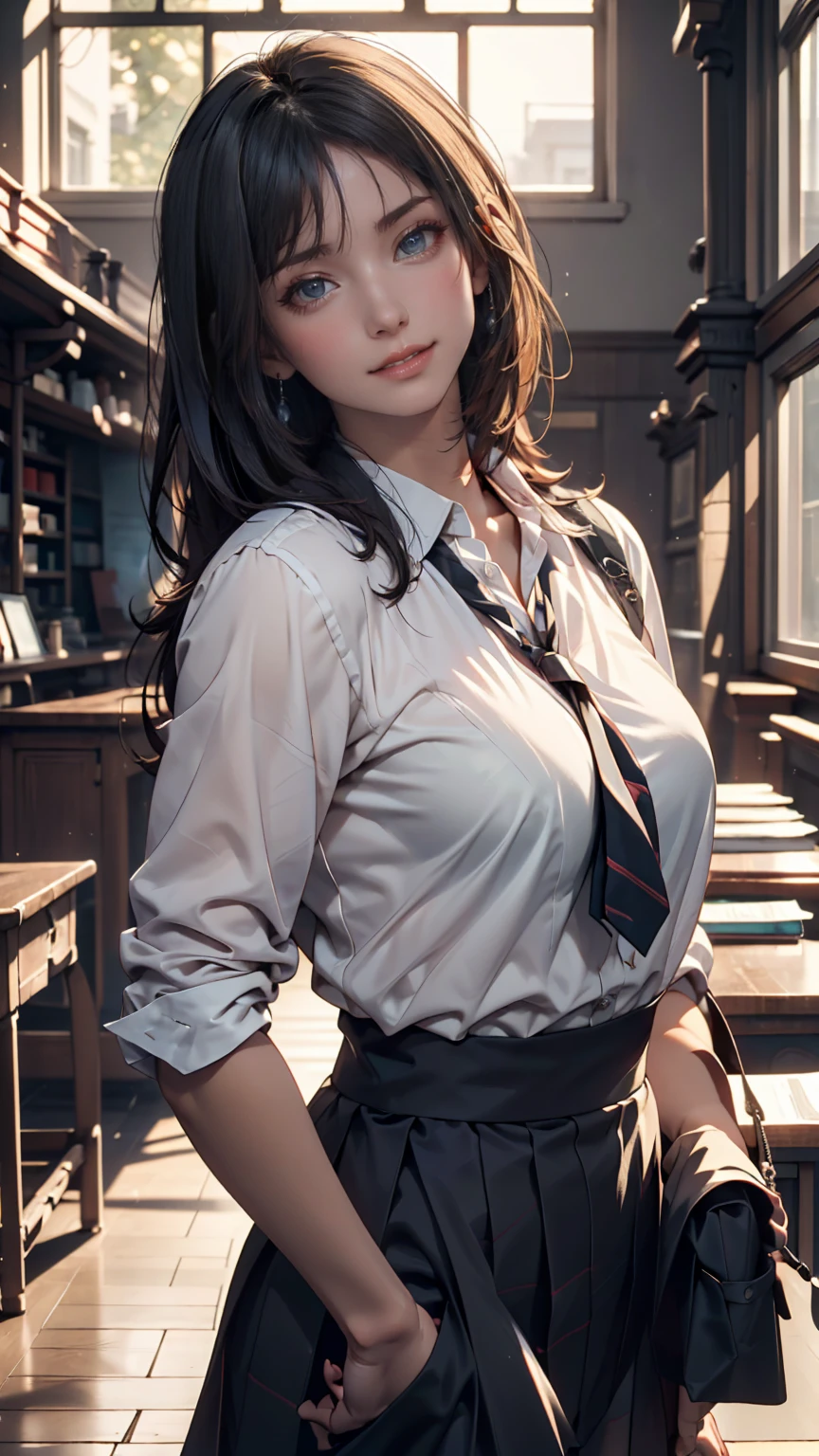 (top quality,8K quality,masterpiece:1.3),(Ultra High Resolution,photorealistic:1.4,raw photos of Kao all),(ultra details,caustics,detailed background),(super realistic capture,beautiful detailed skin,perfect anatomy),In the sunset,Twilight Sky,School building,Schoolyard,18 years old, cute,single eyelid, black hair short bob ,school uniform,looking at the camera,smile,bust up shot,Natural Soft Light