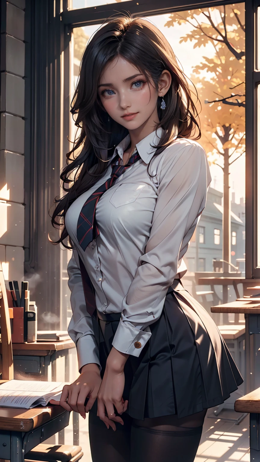 (top quality,8K quality,masterpiece:1.3),(Ultra High Resolution,photorealistic:1.4,raw photos of Kao all),(ultra details,caustics,detailed background),(super realistic capture,beautiful detailed skin,perfect anatomy),In the sunset,Twilight Sky,School building,Schoolyard,18 years old, cute,single eyelid, black hair short bob ,school uniform,looking at the camera,smile,bust up shot,Natural Soft Light