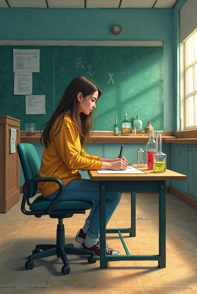 das Auditorium ,  The girl , das Thema, Das Experiment , das Tischlein
Draw a picture, where a girl in a university auditorium is experimenting on a small table, on top signed the topic of the experiment. The picture should be free of blue and red, lots of green. I want to use this picture to remember middle-gender endings in German