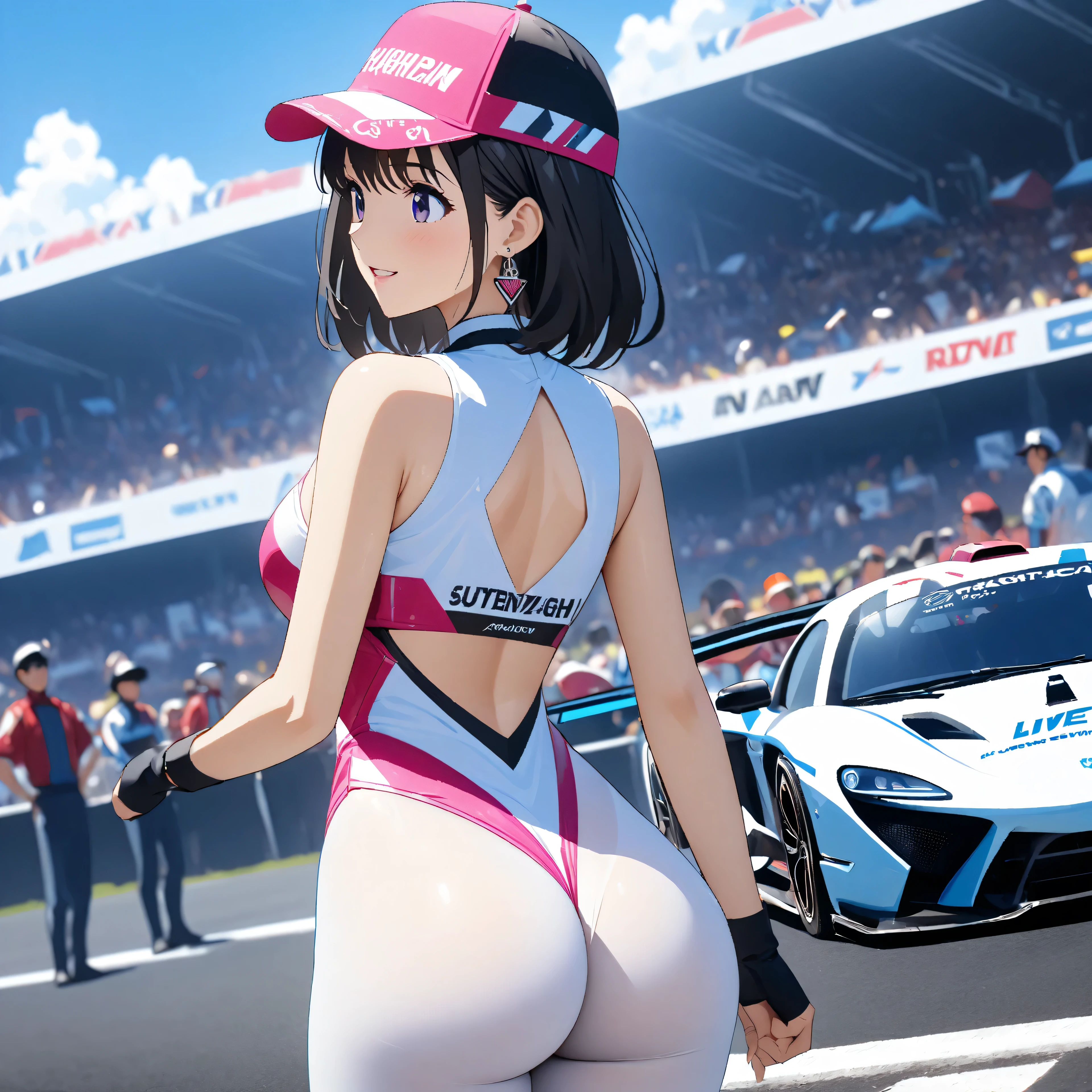 top quality、 super high accuracy 、Detailed View、 bright colors、alone、 beautiful girl standing stunned 、Age 30、modern circuit course 、 Racing Car Race 、 asphalt、 live stage 、 blue sky、cloud、 Race Queen Costume 、 Silver and Pink One Piece Leotard、 White Knee Length Tights 、Sponsor logos、 beautiful big 、Ass、High Leg Cut 、Beautiful big 、parasol、[[flag、audience、smile、 beautiful figure 、 Checkered flag、black hair、 slender figure 、 accurate description 、 anime style illustration 、 accessory 、 earrings for a woman alone
