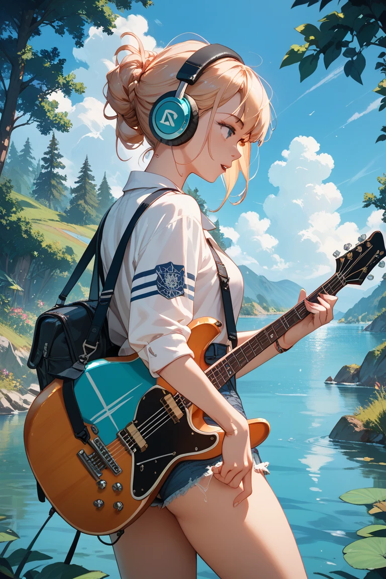 An image of a girl wearing big headphones singing into the river while playing a guitar and looking away ???????????