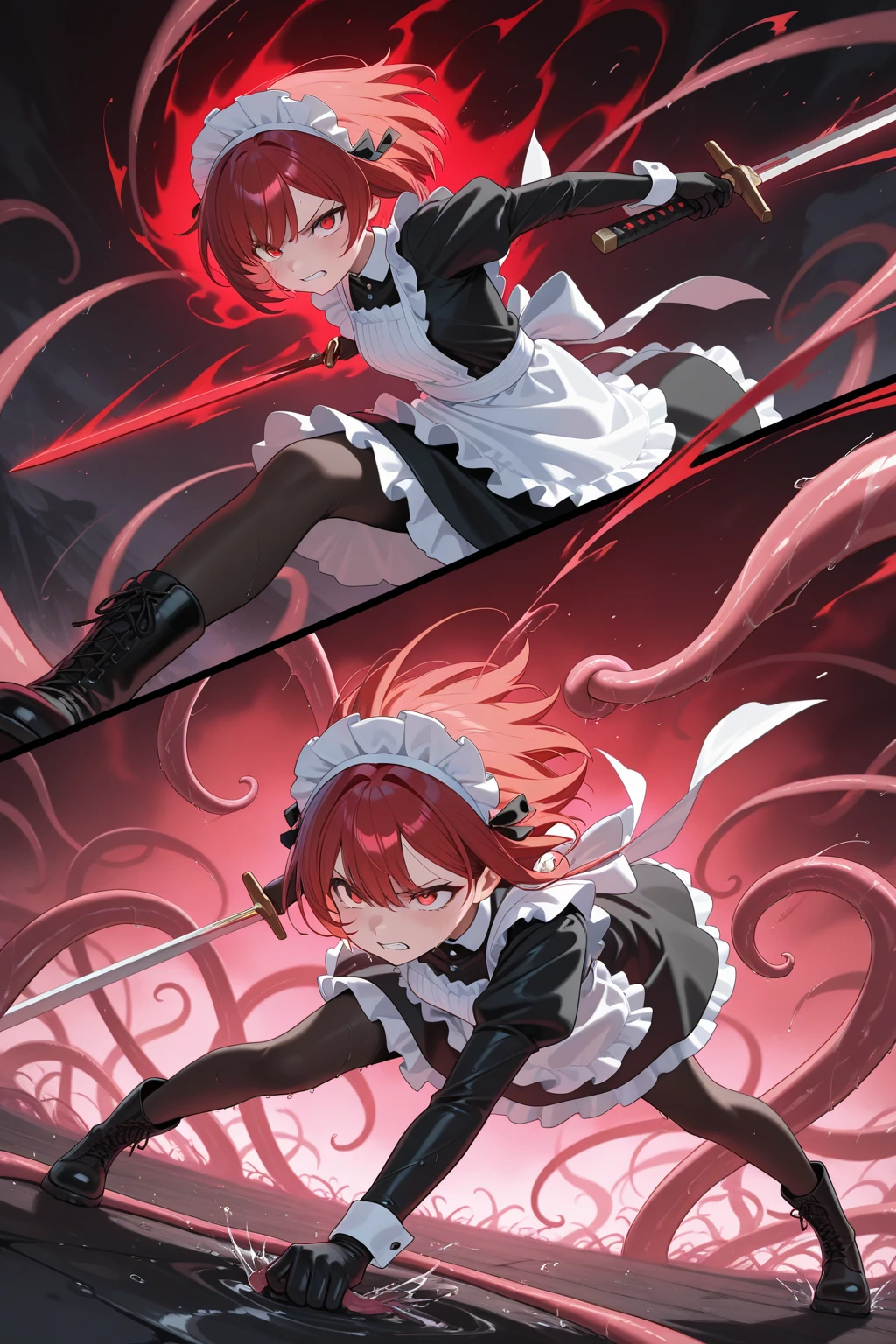 A female character with long curly hair with a Ruby red color. Big breasts and voluminous crimson red dress. Character wielding a scythe. Emerald green eyes.