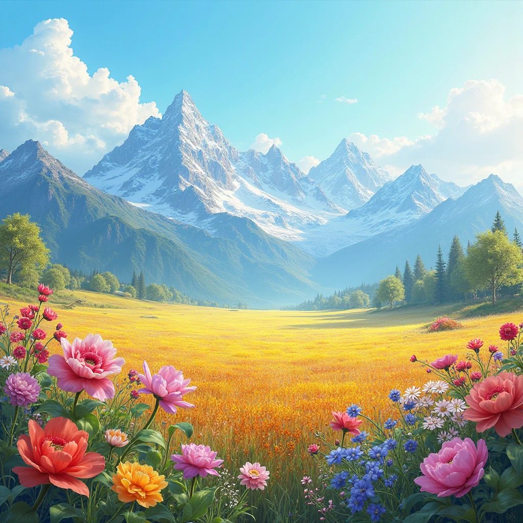 A flowery landscape in a beautiful large field and sunny surrounding mountains