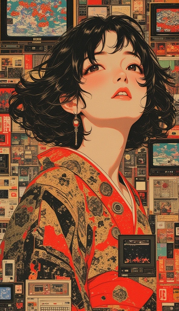 masterpiece, Best Quality, details, sexy,Big Japanese enka singers, Collage poster pictures、collage with a collection of retro game screens、