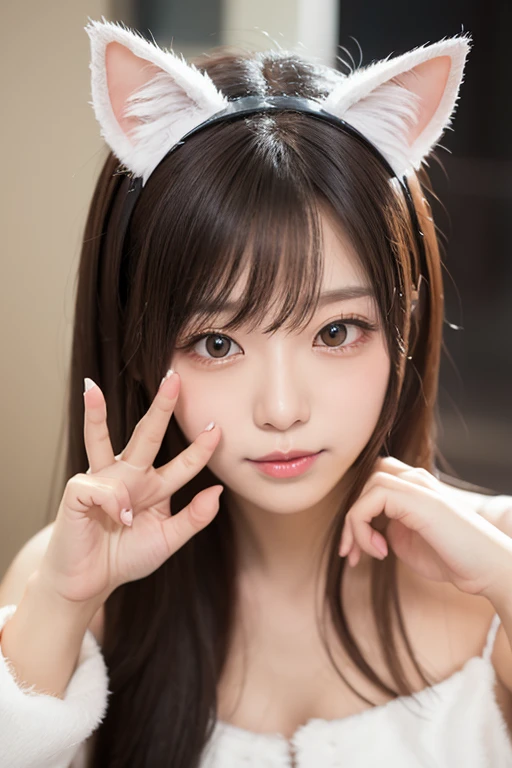 Masterpiece, 4K, bokeh, (Japanese idol:1.6), Beautiful high school girl, Blushed face, 
 (cow pattern bikini:1.4), (Bunny ears:1.4), (Bunny costume:1.6), looking at the viewer, cowboy shot, holding cats in both hands, (white background :1.4), closeup