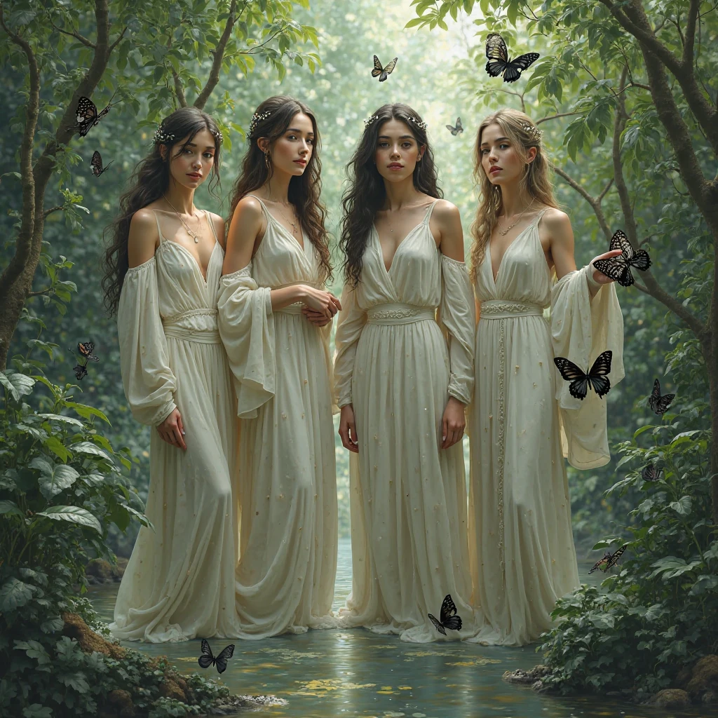 4 ladies priestesses, nymphs, garden background, source, Black Butterflies Ultra Detailed Ultra-Realistic Masterpiece