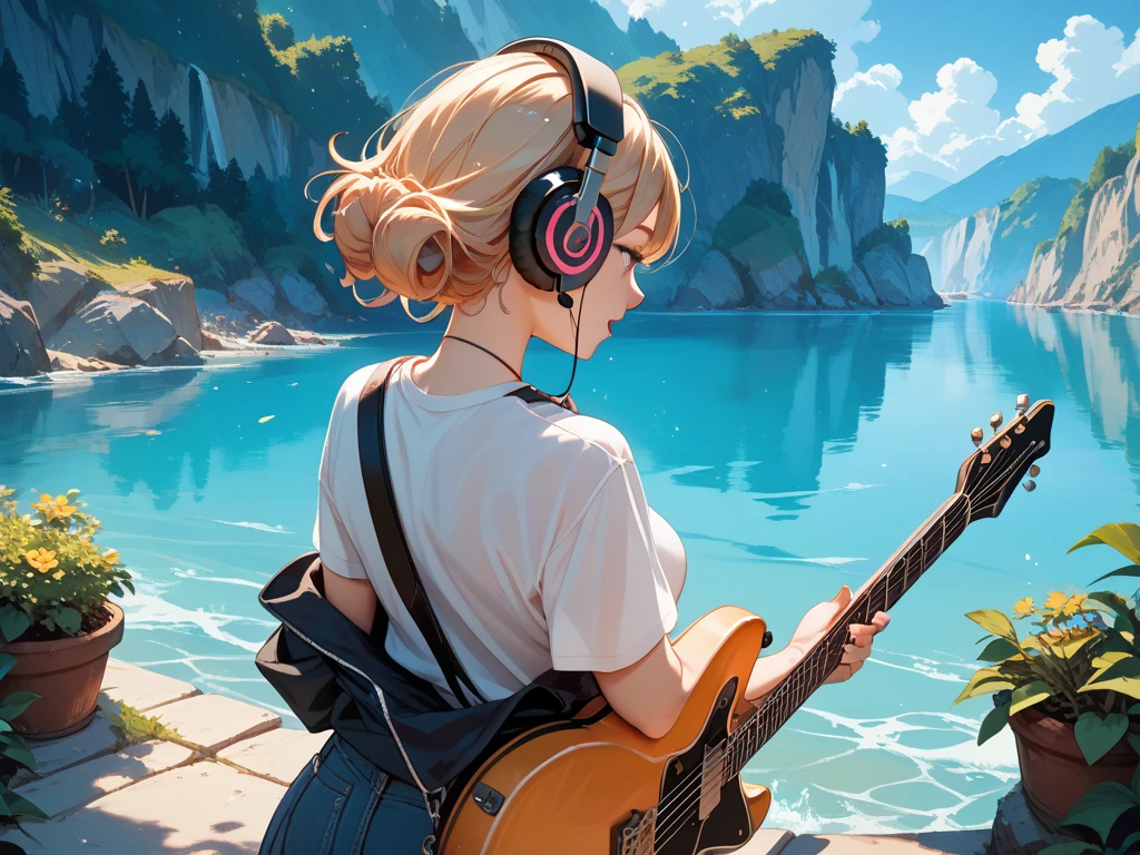 An image of a girl wearing big headphones singing into the river from a distance from behind while playing the guitar
