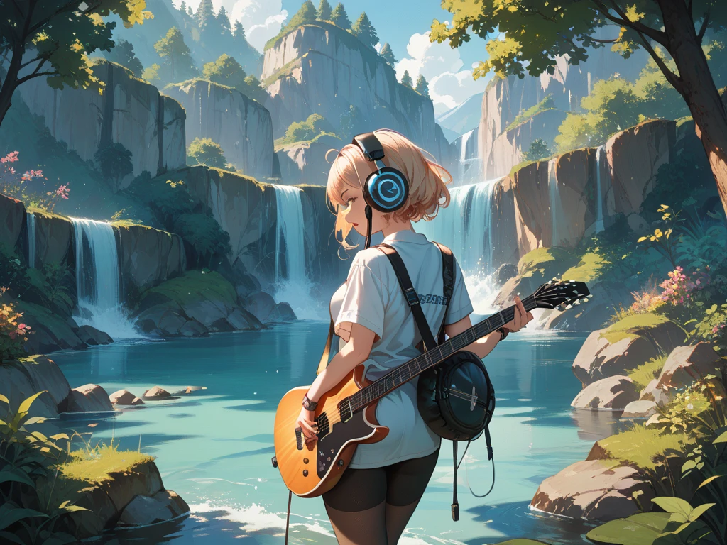 An image of a girl wearing big headphones singing into the river from a distance from behind while playing the guitar