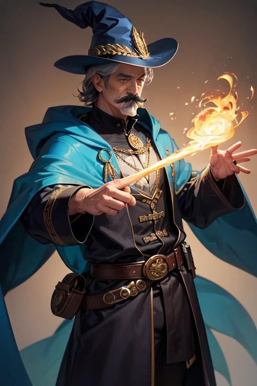 A WIZARD. He wears a grey robe and a black belt with a gold buckle. He has a brown mustache and blue rays emanate from his hands 