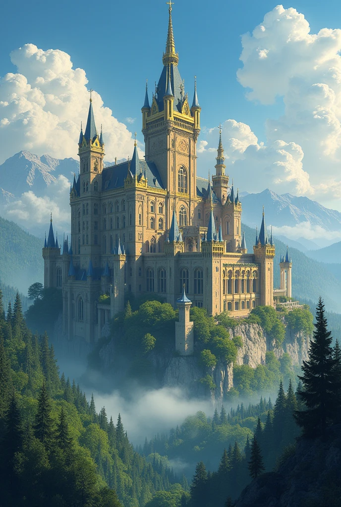Give me an image of a huge gold and gray castle that looks like the Cathedral of the Holy Family in Barcelona, and at the same time looks like the palace of Fontaine from the game Genshin impact, which rises above the forest