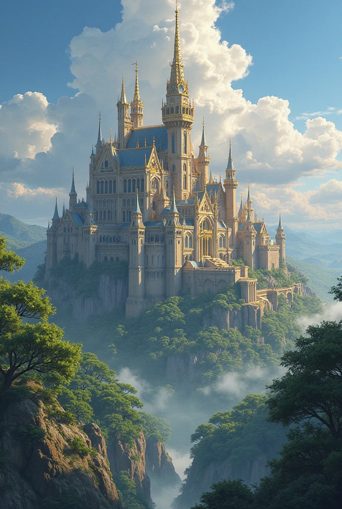 Give me an image of a huge gold and gray castle that looks like the Cathedral of the Holy Family in Barcelona, and at the same time looks like the palace of Fontaine from the game Genshin impact, which rises above the forest