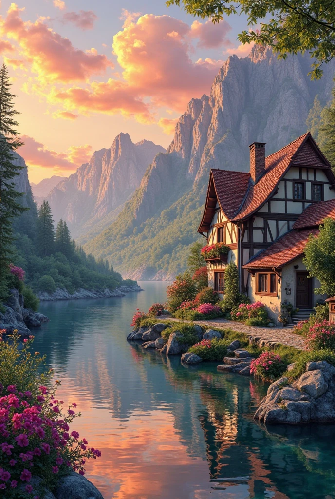 a small village by the river, mountains in the background, floral flowers colorful, detailed landscape, Beautiful natural landscapes, atmospheric lighting, scorching sunset, warm colours, practical, photopractical, Detailed Foliage, complex buildings, cobblestone street, Charming country house, swirly vibrant colors, lush vegetation, Still water reflections, Picturesque, idyllic, work of art, best qualityer, 8k, extremely detaild,anime styling