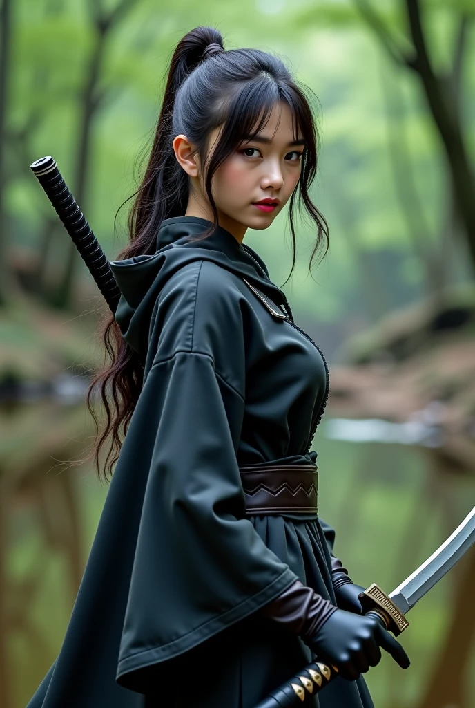 live-action、 realistic :1.5、8k、 anatomically accurate、 beautiful asian woman、18 years old、BABY FACE、 Female ninja on a mission、 kind smile 、   shinobi costume with a small sword and lots of exposure、 my clothes are torn and my skin is 、Deep Crack、Hold a small sword、Attack Stance 、 Forest Lake  