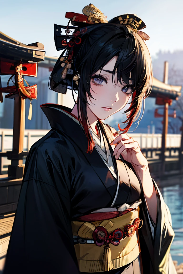 (masterpiece:1.5),beautiful hair,Beautiful Eyes,beautiful lips,Beautiful slender body,(Konno Anna:1.2),(Riho Yoshioka:1.1),(Sleepy expression:1.3),(Riverside:1.4),bust illustration from the front ,((((An Extraordinary Beauty:1.7)))),(((( kimono,jacket,Taisho Romance:1.5)))),((19-year-old single woman holding a fish in her hand:1.1)),(accurately depicted anatomically correct hands:1.1)black hair,long lashes,Three-dimensional, jewel-like eyes,Very delicate and beautiful CG,2. 5D illustration, anatomically accurate body, (very precise illustration:1.1),(Outdoors:1.4), (wallpaper:1.4),8k