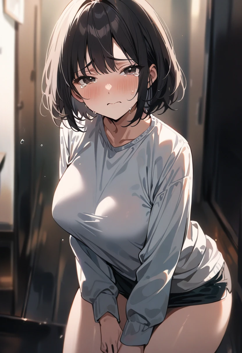 Beautiful girl, short hair, boyish, sexy, big breast, wearing sports bra, shy, hot, pooping in the toilet, embarrassed, angry, big breast, shy expression, tight sports bra, squeezing her breast, cleavage, shy, very mad, dynamic pose, pose, shy pose, angle shot, dynamic shot, sexy, best dynamic shot, angle shot, closed eyes, pooping in the toilet