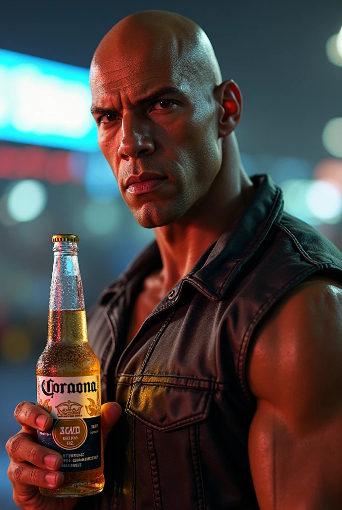 A big neon sign that says "Marco vieyra" and in front of the sign a big muscular guy, tall, posing and a big smile, holding a big beer jar and under the guy 4 beautiful girls, busty and with big butts holding into the guy legs