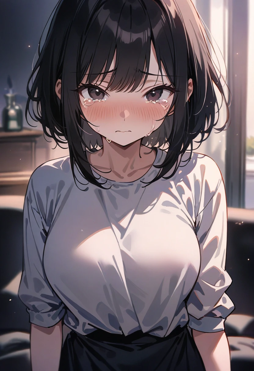 masterpiece, best quality, ultra high resolution, she has huge tits, perfect body, tits out, kneeling on the ground, (inverted nipples), in her room, light rug, blushing, shame, looking to the camera, innocent, delicate, wet tits, with hands resting on tits, Skirt, wet, pleading, he is ashamed to show his face, hides it
