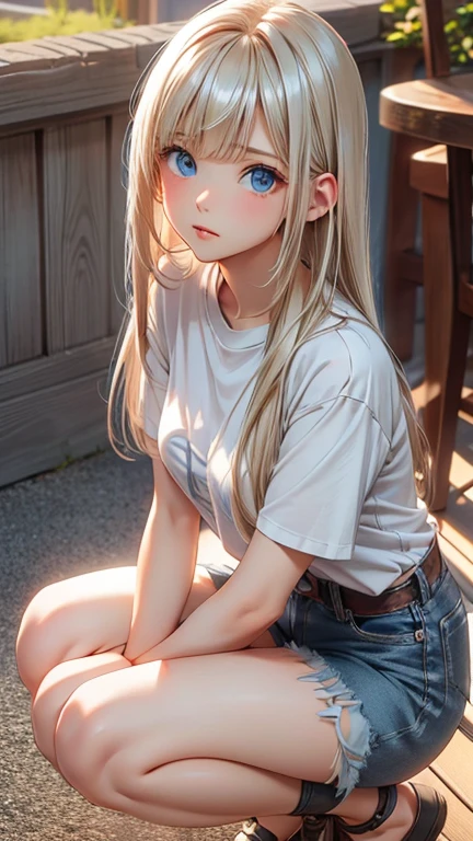 squat , closed knees , master piece , best quality , female , T-shirt , short denim, Shiny platinum blonde silk super long straight hair, beautiful shiny bangs, big clear sky blue eyes, very beautiful bright eye highlights,