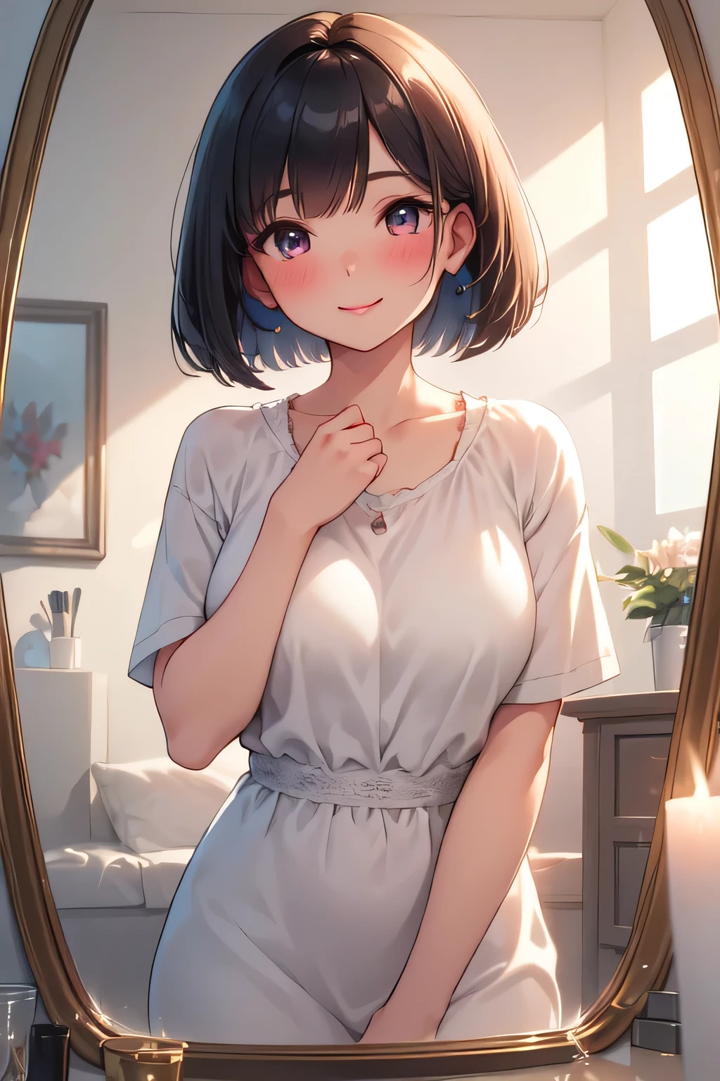 a girl face in reflected mirror:1.3, soft and content smile, subtle blush, dreamy expression, putting lipstick on lip:2.5, (ultra-detailed, masterpiece, high quality, 8K),  bob cut, smooth and glowing complexion
