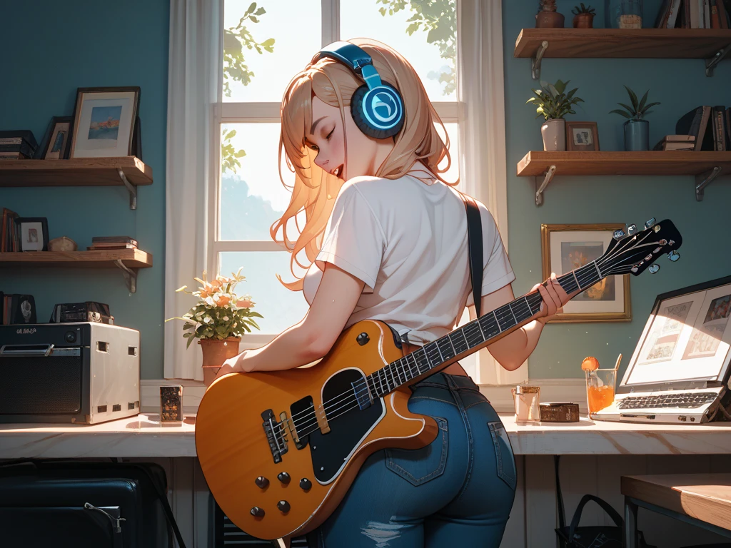 A captivating, high-definition, photorealistic anime-style illustration of a beautiful, busty woman with a slender and fit physique. (big breasts, transparent clothing, visible nipples:1.3). She is seated in her music studio, intently focused on tuning her guitar while wearing headphones. The woman dons a revealing thin tank top and adorable panties, with her long blonde hair tied into a high ponytail. The background showcases various musical instruments and equipment, creating a cozy and creative atmosphere.