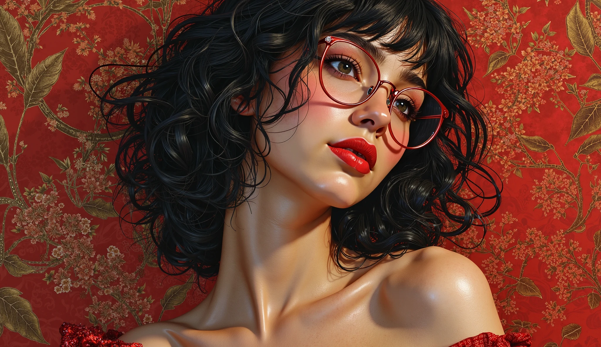 a young woman, with glasses, Art by wojtek siudmak paolo serpieri milo manara, chesty,  provocative, draped, brocade, crimson, gorgeous face, high resolution sharp details sharp focus Hyperrealistic, splash art, concept art, mid shot, intricately detailed, color depth, dramatic, 2/3 face angle, side light, colorful background Hyperrealistic, splash art, concept art, mid shot, intricately detailed, color depth, dramatic, 2/3 face angle, side light, colorful background head and shoulders portrait, 8k resolution concept art portrait by Greg Rutkowski, Artgerm, WLOP, Alphonse Mucha dynamic lighting hyperdetailed intricately detailed Splash art trending on Artstation triadic colors Unreal Engine 5 volumetric lighting 