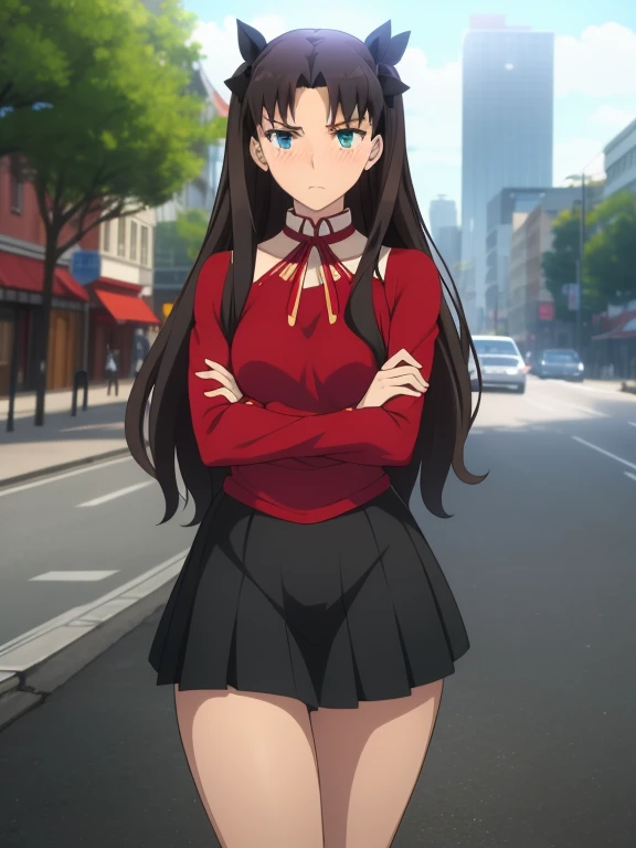 Hu Tao, 1girl, solo, long hair, looking at viewer, smile, breasts, city background, butt, bare shoulders, teeth, tight shirt, short sleeves, closed mouth, black t-shirt,portrait, shorts, skin tight outfit, seductive, realistic, best quality, masterpiece, ultra detail, ultra high res, extreme detail, 8k