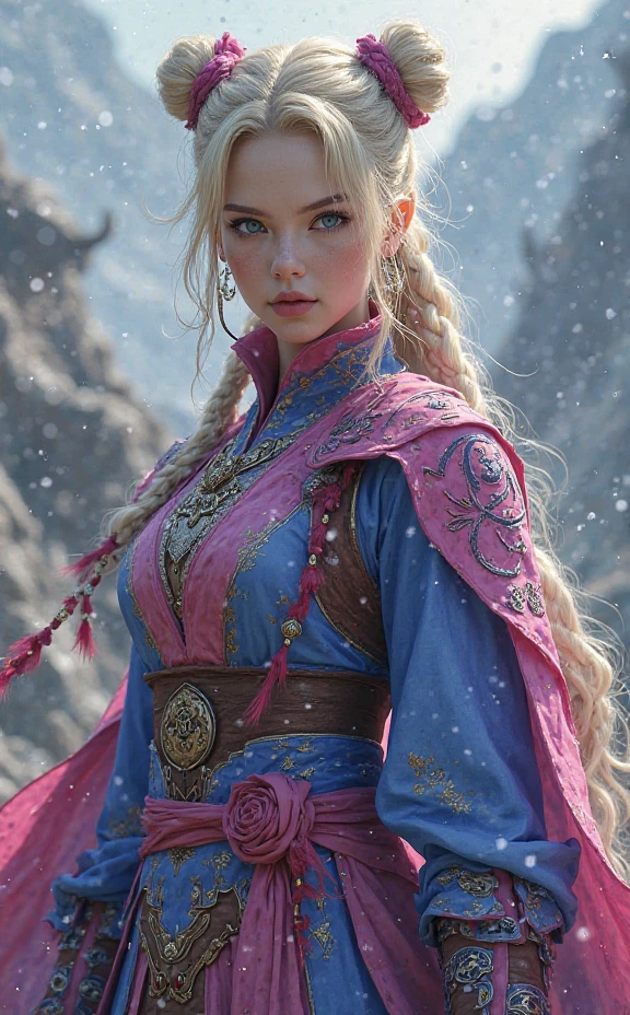 A female Violet, pink and blue, armor blonde hair , with twin buns and braids. Bright blue eyes. Chinese and Scandinavian characteristics