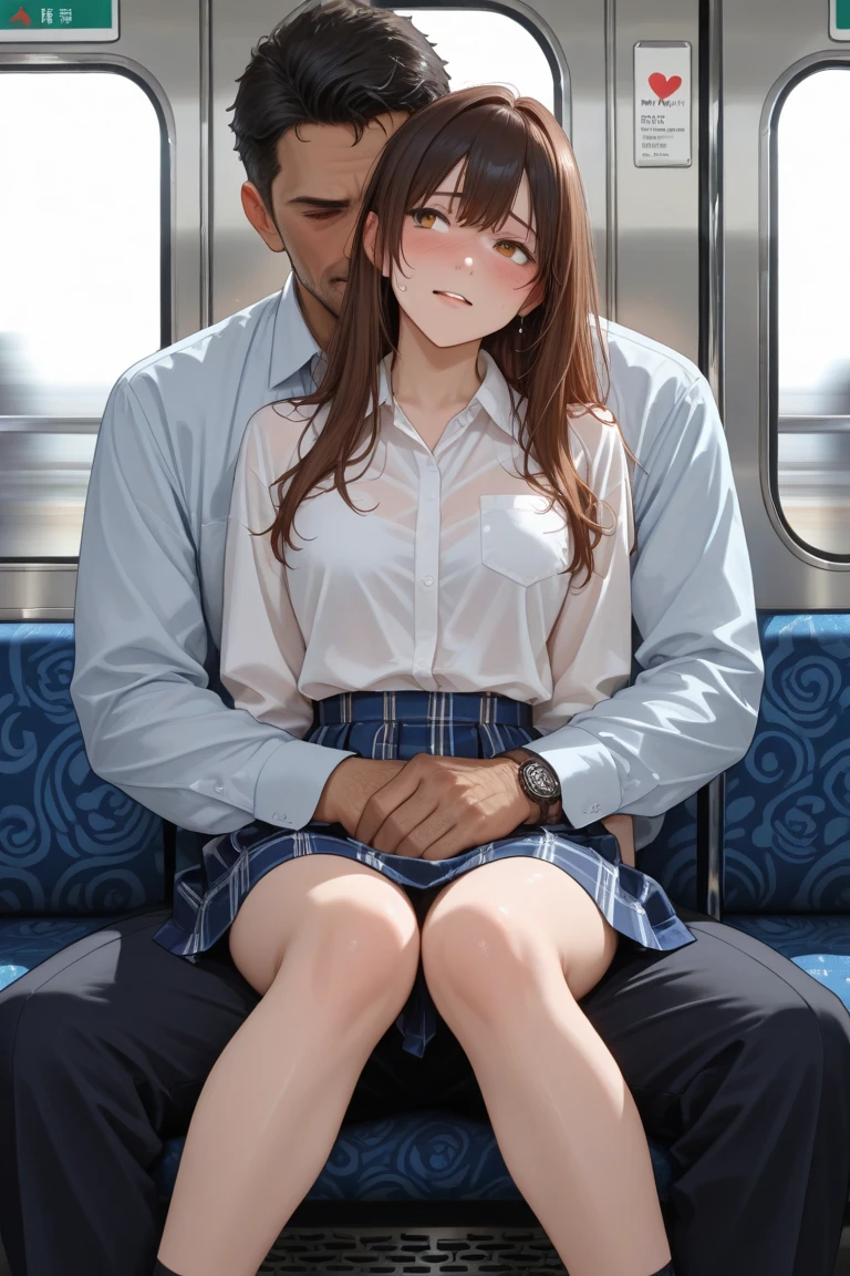 crowded train, girl, fat bald man hugs her from the front and lifts her legs with his face close to his lips, black sexy lingerie,, pubic hair visible, 40k, photo, masterpiece, best quality, dark gray background, (with the immediately open legs of one girl), fully open legs with big breasts, an elderly man leans on her from the front and picks her up, I have a variety of poses, blush, troubled eyebrows, rough breath, clenched teeth, burning face, heart pupils, sweaty, whole body wet, black hair, long hair, knee bending, reluctance, watery eyes, big, soaked, small, slender, white shirt, tie, pants visible from short pleated skirt, slouch, slouch, hands on hips, ??????, lewdness, kissing, hugging, sucking tongues, Cowboy shots, close-ups, deep kisses, tongue licking each other