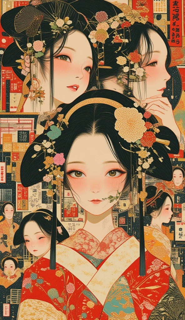 masterpiece, Best Quality, details, sexy,Taisho Retro, Big Japanese enka singers, Collage poster pictures、collage with a collection of retro game screens、