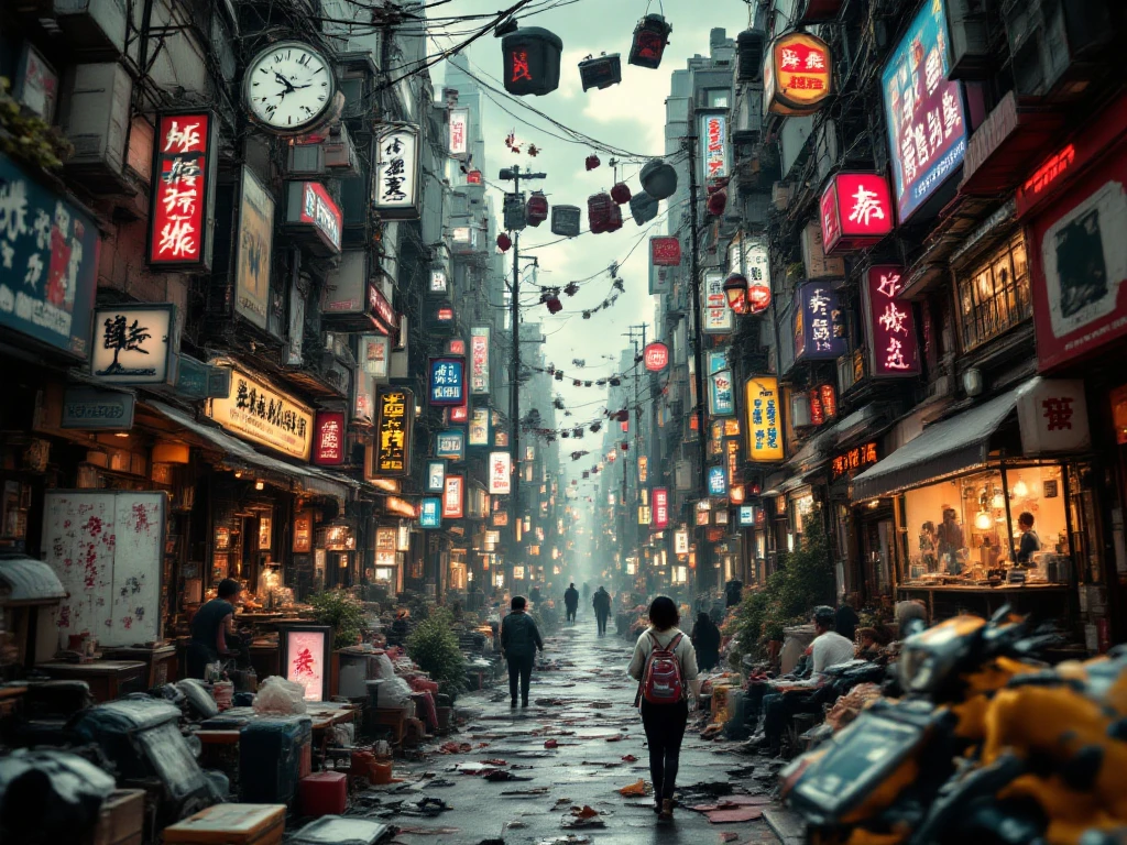 Create a collage chaos image with 50 different random photos meshed together in one , smooth fade from one photo into the next , retro style , High Quality 4K ,