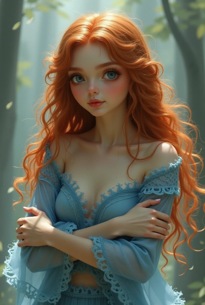 ((best qualityer)), ((work of art)), (detailded), 1 girl, strap dress, long red hair, Purple eye, Blue skin tone
