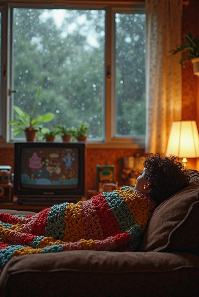 Child lying in bed playing video game with retro room with a window and raining outside and pizza on bed with soda